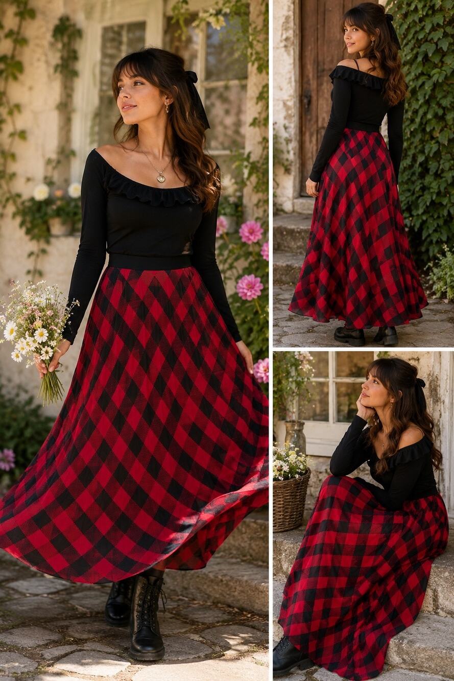 NY&Co New York & Company Buffalo Plaid Maxi Skirt XXL Red Black Cottagecore